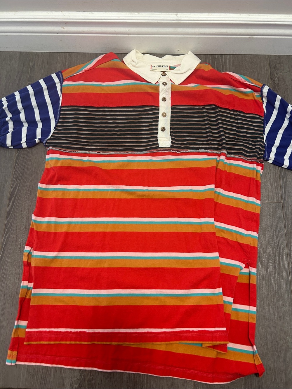 We The Free Red Multistripe Button-Front Polo Top